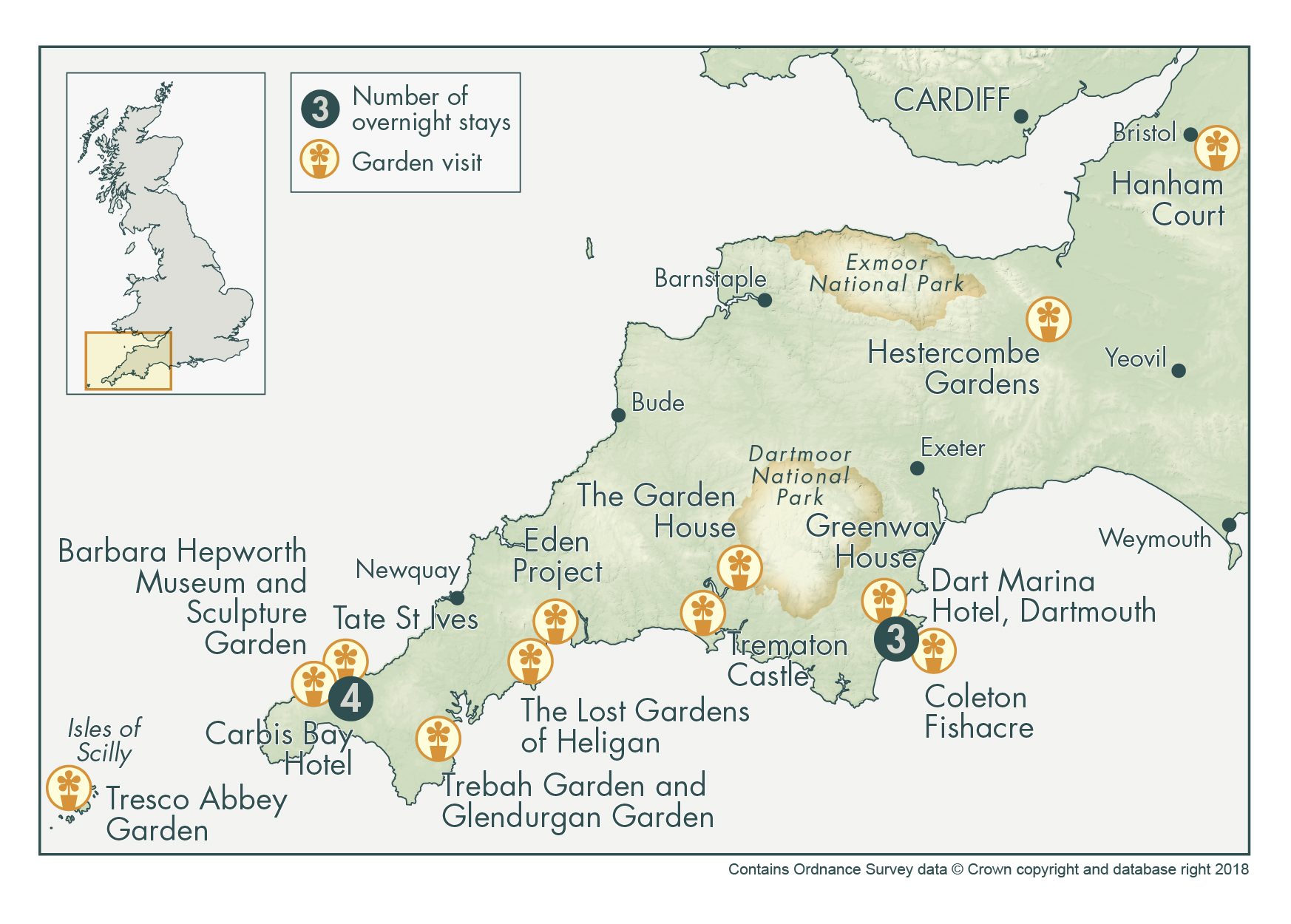 Garden Gems Cornwall, Devon & the Isles of Scilly Tour Map
