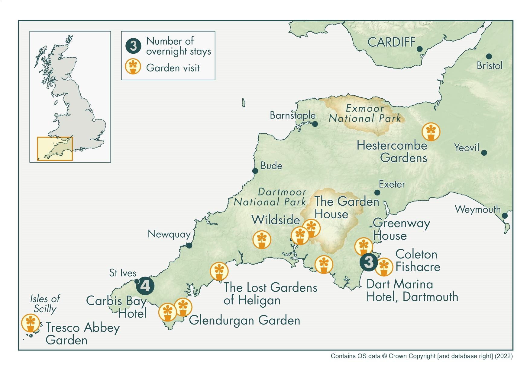 map of cornwall showing garden locations